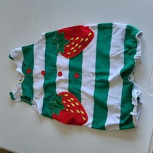 One Piece 3T Snap Bottom Button Front Strawberry Pockets Green White Stripe